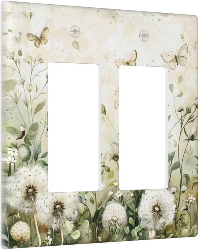 Light Switch Cover Plate Watercolor Butterflies Dandelions Wildflowers 2 Gang Double Rocker Outlet Covers Decorative Switch plates Electrical Wall Plates GFCI Receptacle for Bathroom Bedroom
