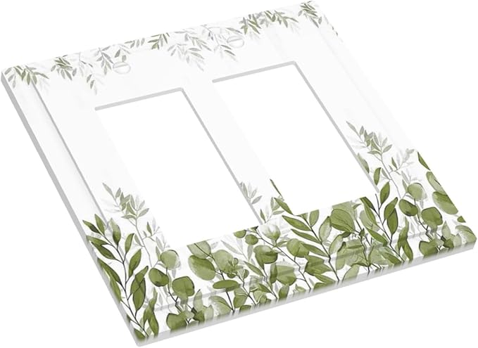 Green Eucalyptus Plant Leaves Vine Decorative Outlet Covers 2 Gang Double GFCI Rocker Electrical Wall Panels Light Switch Cover Plate for Bed Room Living Room Decor