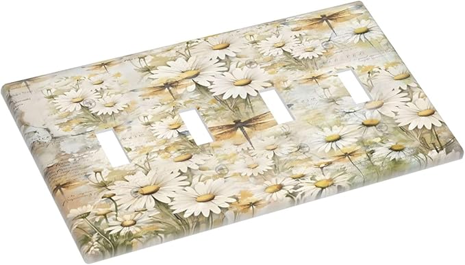 Vintage Letter Paper Wildflowers Dragonfly Daisy Floral Light Switch Covers Quad Toggle Electrical Faceplate 4 Gang Wall Plate Decorative Switch Plates Cover for Farmhouse Bedroom Decor