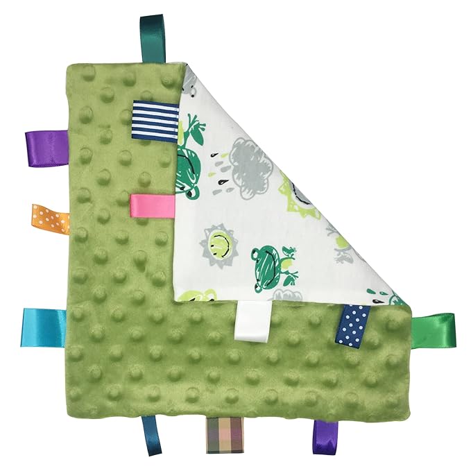 Baby Tags Soft Plush Snuggle Small Security Blanket with Colorful Tags Comfort Appease Towel Taggy Lovey Frog Minky Dot Blanket - 9 x 9 inches - Green