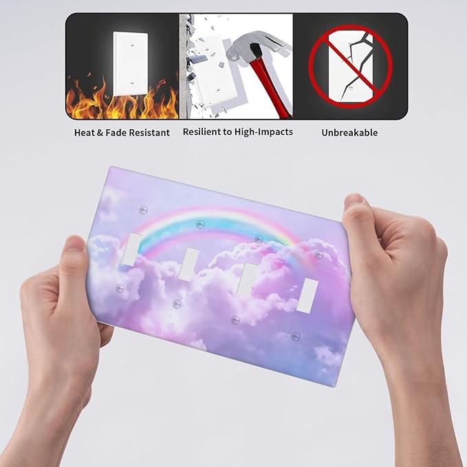 Rainbow in the Clouds Quad Toggle Wall Plates Decorative Pink Art Panel 4 Gang Light Switch Cover Purple Cloud Electrical Switchplate Faceplate Cute Dimmer for Bedroom Kidroom Nursery Decor