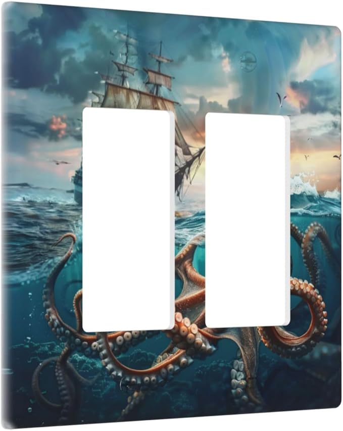 Light Switch Cover Plate Sailboat Ship Octopus Ocean Sea Waves 2 Gang Double Rocker Outlet Covers Decorative Switch plates Electrical Wall Plates GFCI Receptacle for Bathroom Bedroom Decor