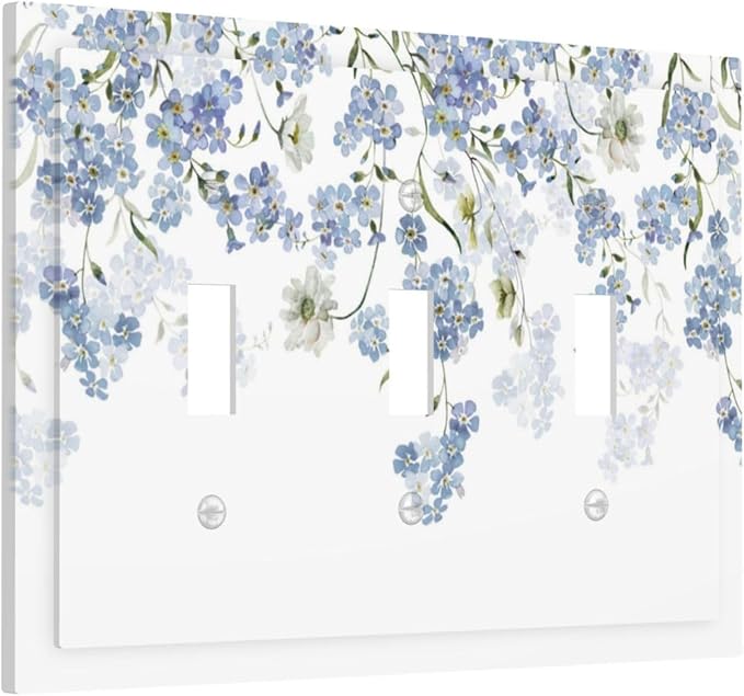 Hydrangea Blue Flowers Watercolor Floral Decorative Switch Plates 3 Gang Wall Plate Triple Toggle Light Switch Cover Faceplate Electrical Wall Panels for Bed Room Living Room Decor