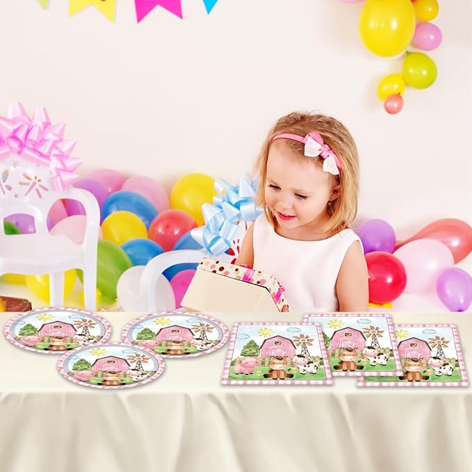 40Pcs Farm Animal Birthday Decorations Tableware Set Cute Pink Animal Disposable Plates Napkins Serves 20 Barn Animal Theme Girls Birthday Baby Shower Party Decorations