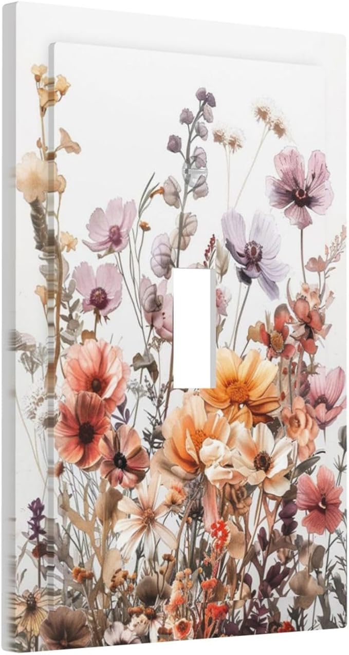 Boho Nursery Wildflower Flora Vintage Flower Decorative Light Switch Cover 1 Gang Single Toggle Device Electrical Faceplate Switchplates Decorator Outlet Wall Plate for Bedroom Living Room Decor