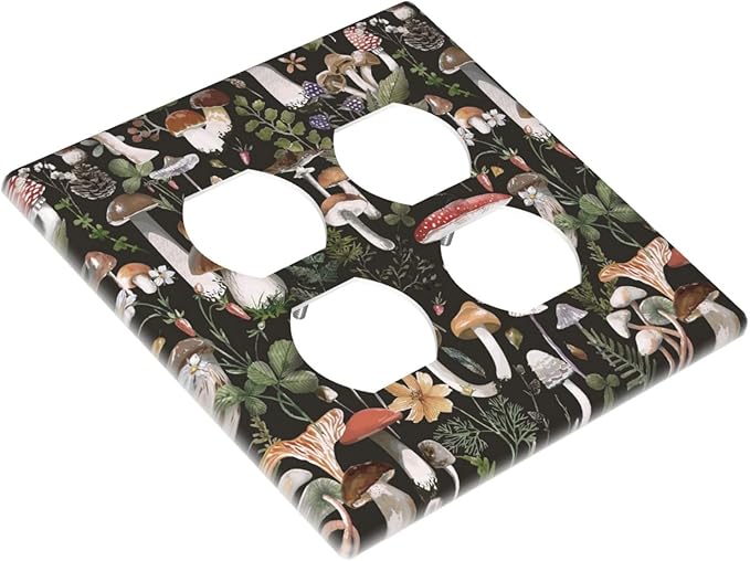 Cute Vintage Gothic Black Boho Floral Mushroom 2-Gang Device Duplex Wall Plate, Plant Fungus Forest Botany Tree Decorative Two Gang Double Duplex Receptacle Socket Outlet and Light Switch Cover Plate