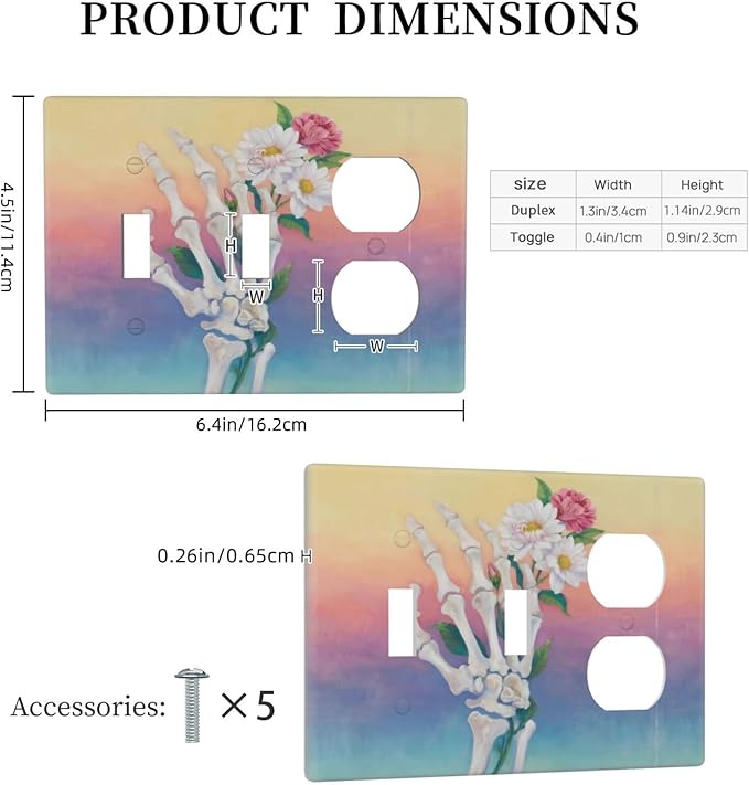 Skeleton Flower 2 Toggle 1 Duplex Receptacle Outlet Cover Wall Plate Decorative 3 Gang Light Switch Covers Electrical Switchplate Home Decorate Faceplat for Bathroom Bedroom Kitchen Room
