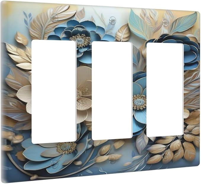 Decorative Art Light Switch Covers Blue and Creamy Floral 3 Gang Triple Rocker Outlet Switch plate GFCI Faceplate GFCI for Home Decor