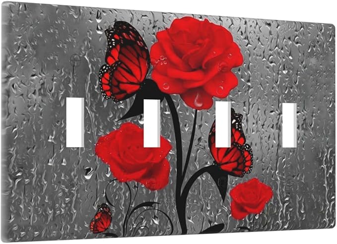 Butterfly Red Rose Flower 4 Gang Light Switch Cover Decorative Quad Toggle Wall Plate Electrical Faceplate For Girls Bathroom Bedroom Home Decorative 8" x 4.5