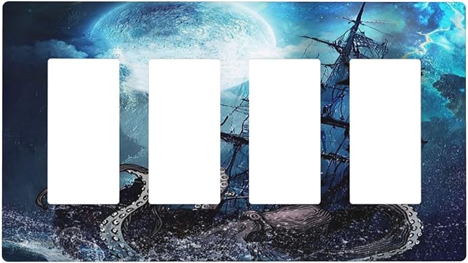 Moon Ocean Nautical Octopus 4 Gang Quad Rocker Light Switch Cover Plate Decorative Electric Faceplate Switchplate Living Room Bedroom Decorate Jumbo Screwless