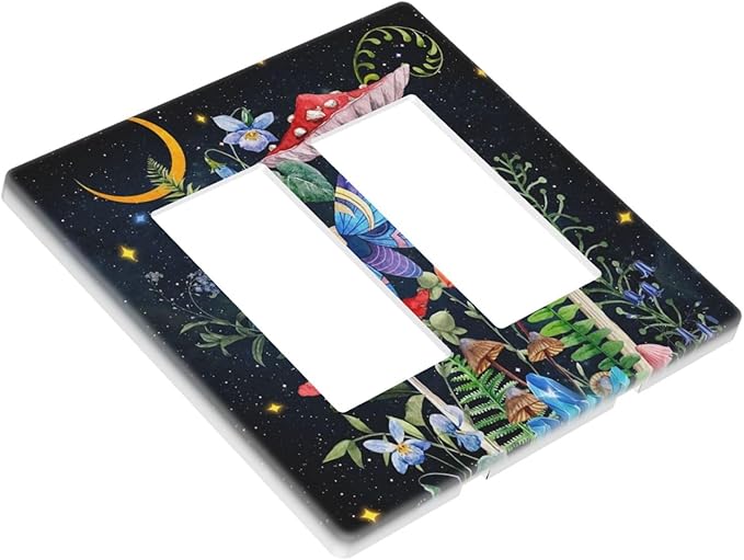 Boho Butterfly Mushroom Starry Moon Night Phase Stars Botanical Moth 2 Gang Screwless Double GFCI Decorator/Rocker Outlet Light Switch Wall Plate Covers Decorative Dual Device Receptacle Faceplate