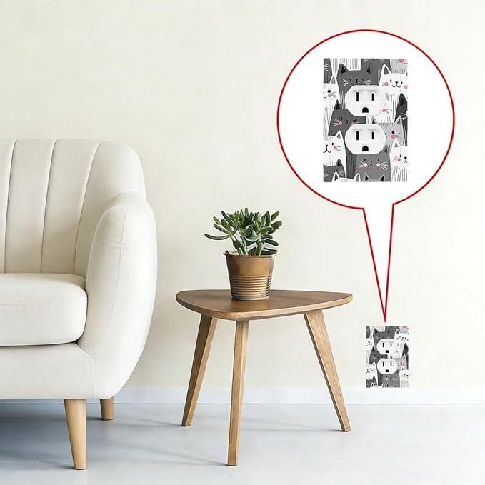 Playful Monochrome Cats with Blush Cheeks Duplex Wall Plate - 1-Gang Standard US Size Cat Lover's Fun Outlet Covers for Boys & Girls Room Decor