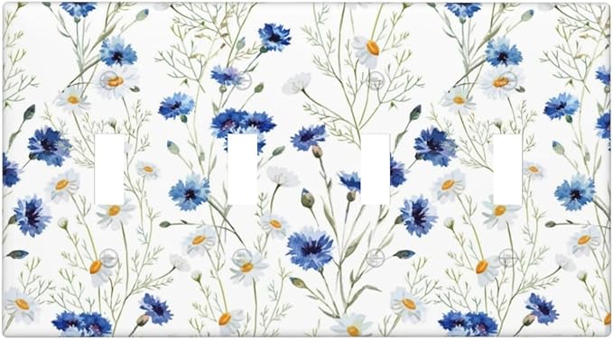 Light Switch Cover Plate Watercolor Daisy Blue Floral Vintage Plant 4 Gang Quad Toggle Decorative Switch Plates Wall Panels Electrical Wall Plates Faceplate for Bedroom Home Decor