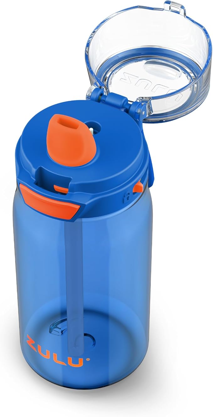 Zulu Kids Flex 16oz Tritan Plastic Water Bottle with Silicone Spout, Leak-Proof Locking Flip Lid and Soft Touch Carry Loop for School Backpack, Lunchbox, and Outdoor Sports, Blue