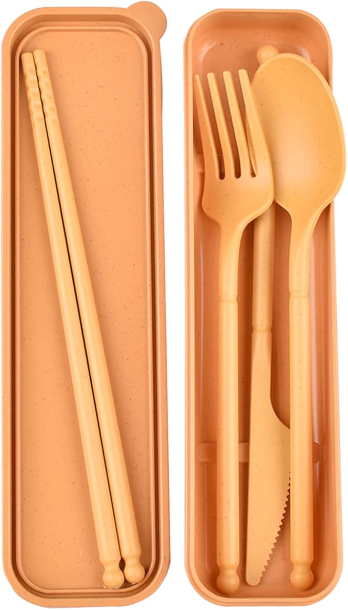 Camping Utensil Set, Reusable Utensils Set with Case, Plastic Cutlery Set Forks Spoon Tableware Chopsticks, Portable Cutlery Set for Travel Picnic Camping or Daily Use (Yellow)