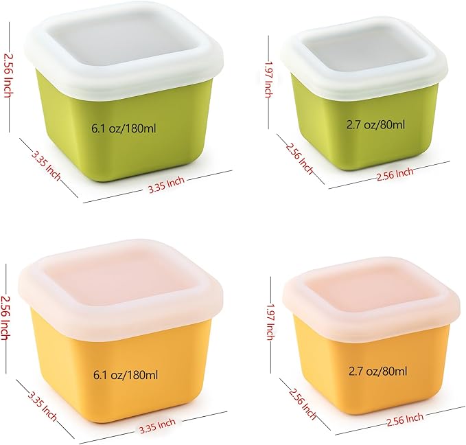 4-Piece Mini Silicone Food Storage Set, BPA-Free Snack Containers & Freezer Trays, Airtight Leakproof Food Savers for Portion Control, Baby Food, Snacks, Freezing