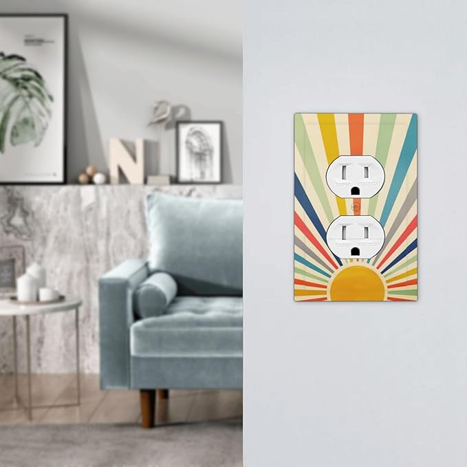 Retro Vintage Hippie Rainbow Sun 1 Gang Duplex Wall Plate Receptacle Outlet Covers 70s Boho Mid Century Art Abstract Sunrise Sunset Electrical One Gang Dual Device Light Switch Faceplate Socket Cover