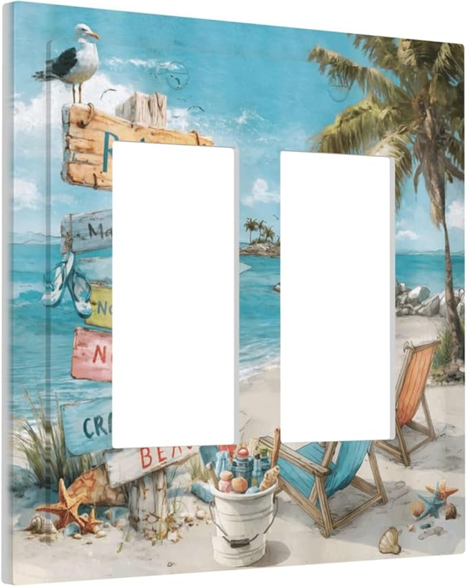Ocean Beach Tropical Palm Tree Coastal Seaside Decorative Outlet Covers 2 Gang Double GFCI Rocker Electrical Wall Panels Light Switch Cover Plate for Kids Room Living Room Decor