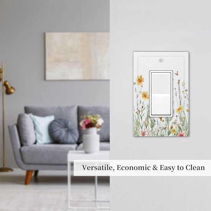 Light Switch Cover Plate Rustic Colorful Floral Butterfly Watercolor Flowers 1 Gang Outlet Covers Single Rocker Decorative Switch plates Electrical Wall Plates GFCI Receptacle for Bathroom Bedroom