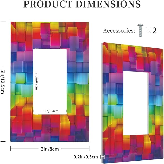 3D Colorful Rainbow Wall Abstract Squre Shaped 1 Gang Rocker Light Switch Covers Decorative Unique Single Decora Outlet Wall Plate Faceplate Switchplate GFCI for Kitchen Bedroom Bathroom Decor