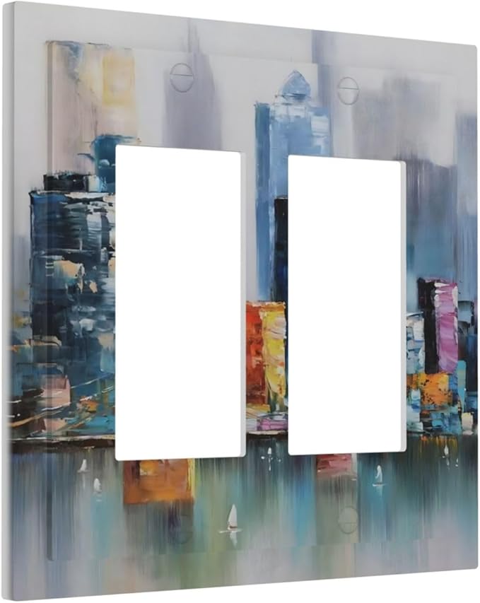 Colorful Nyc Skyline Textured Modern Abstract Decorative Outlet Covers 2 Gang Double GFCI Rocker Electrical Wall Panels Light Switch Cover Plate for Bedroom Living Room Decor