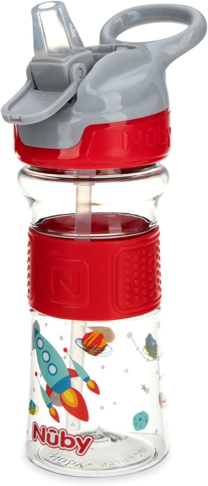 Nuby Thirsty Kids Push Button Flip-it Soft Spout on The Go Water Bottle with Easy Grip Band, 12oz, Rocket