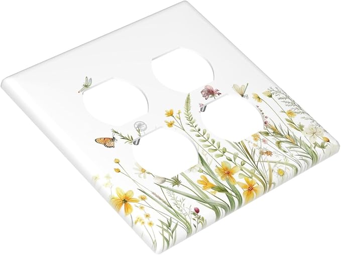 Colorful Wildflowers Dragonfly Butterfly Floral Outlet Covers 2 Gang Double Duplex Decorative Light Switch Covers Electrical Wallplates Socket Faceplate for Bedroom Living Room Decor