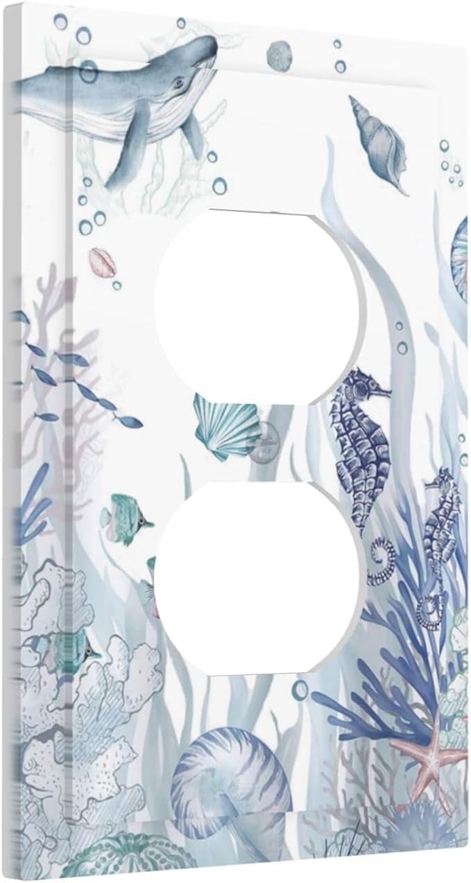 Ocean Themed Coral Seahorse Seashell Starfish Beach Outlet Covers 1 Gang Duplex Light Switch Cover Decorative Switch Plates Electrical Receptacle Faceplate Wall Plate for Bathroom Home Decor