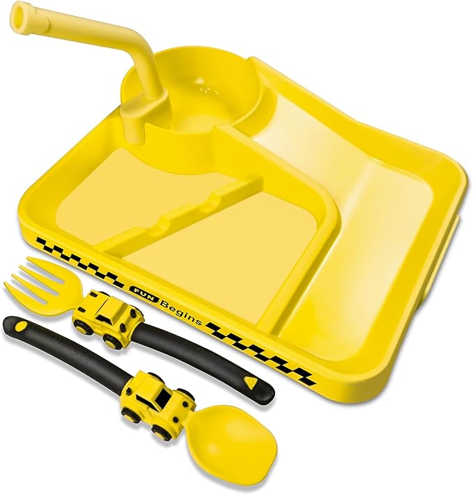 Deinyi Construction Toddler Plates - Construction Utensils for Toddlers - Easter and Birthday Gift Toddler Utensils for 1 2 3 4 5 6 7 year - Yellow