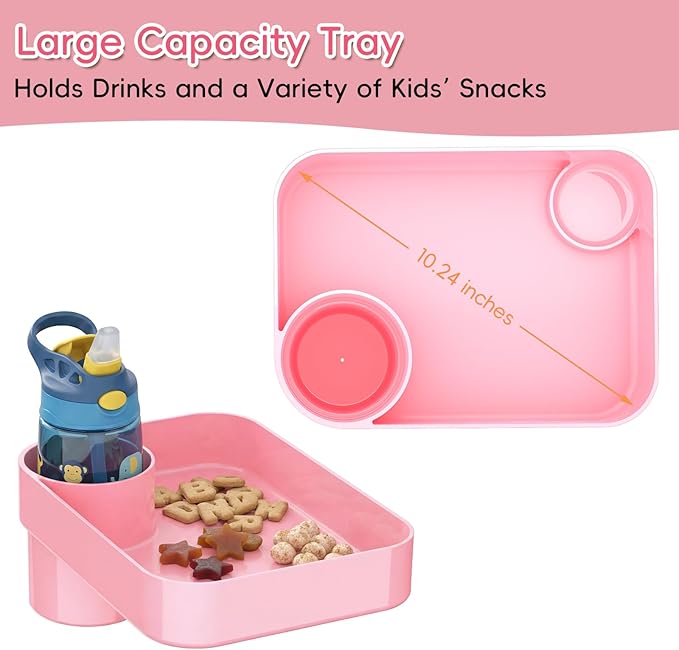 Kids Car Seat Tray, Travel Tray with Cup Holder for Toddler Baby, Kids Car Seat Food Snack Organizer for Road Trip, Stroller Snack Organizer Travel Must Haves Toddler Must Haves (Pink, 2 Packs)