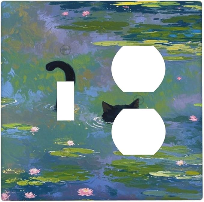 Outlet Covers Cute Black Cat Water Lily Pond Watercolor 2 Gang Decorative Switch Plates 1 Toggle Duplex Combo Light Switch Cover GFCI Socket Cover WallPlates for Kids Room Nursery Decor