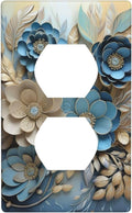 Decorative Art Light Switch Covers Blue and Creamy Floral 1 Gang Single Duplex Outlet Wall Plate Switchplate Electrical Faceplate for Home Decor