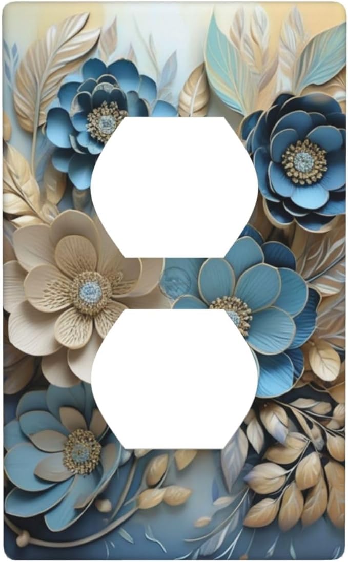 Decorative Art Light Switch Covers Blue and Creamy Floral 1 Gang Single Duplex Outlet Wall Plate Switchplate Electrical Faceplate for Home Decor