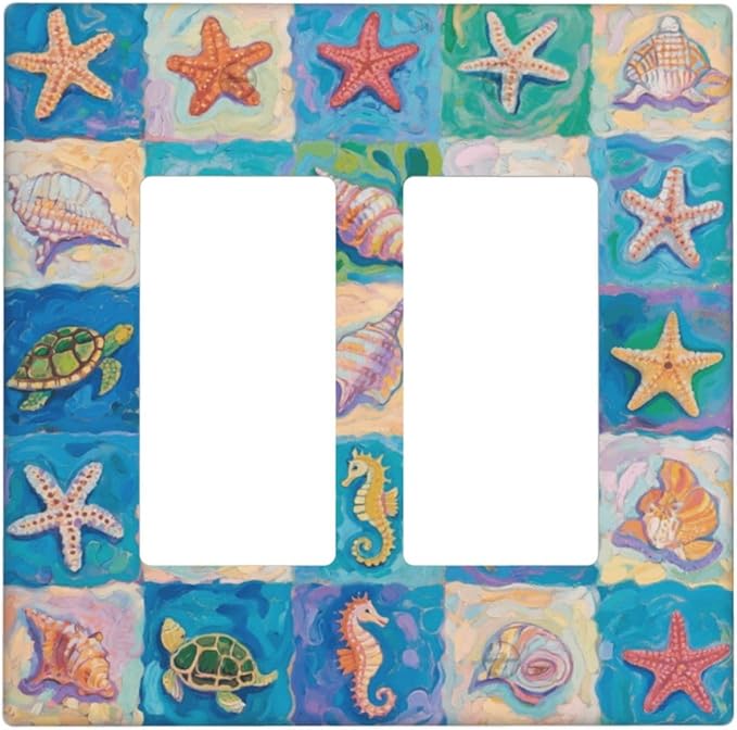 Sea Turtle Starfish Ocean Double Rocker Wall Plate Decorative 2 Gang Light Switch Covers Electrical Switchplate Home Decorate Faceplat for Bathroom Bedroom Kitchen Room 4.5 x 4.5 Inch