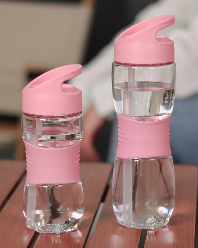 Sivaphe Clear Water Bottle with Straw 18 oz Portable Tritan Transparent Sports Drinking Bottle for School Girls Pink