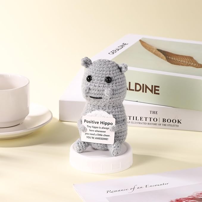 TOYMIS Positive Hippo, Emotional Knitted Positive Support Crochet Animal Doll with Positive Message Crocheted Hippo Potato Gift for Inspirational Gift Home Office Car Decor(Grey)