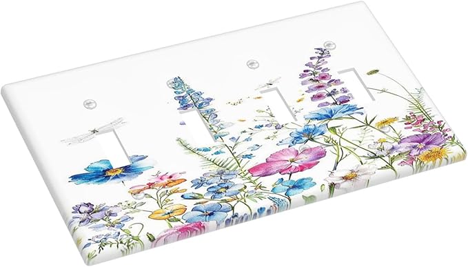 Light Switch Covers Boho Colorful Flowers Plants And Dragonflies Quad Toggle 4 Gang Wall Plate Electrical Faceplate Decorative Switch Plates for Bedroom living Room Decor