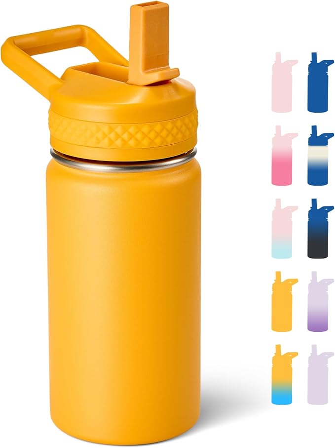 Fijinhom 12 oz Kids Water Bottle, Toddler Water Bottle with Straw, Boys&Girls Bottle for School, 304 Stainless Steel Vacuum Insulated Bottle for Kids, BPA-Free, Leak-Proof, Orange