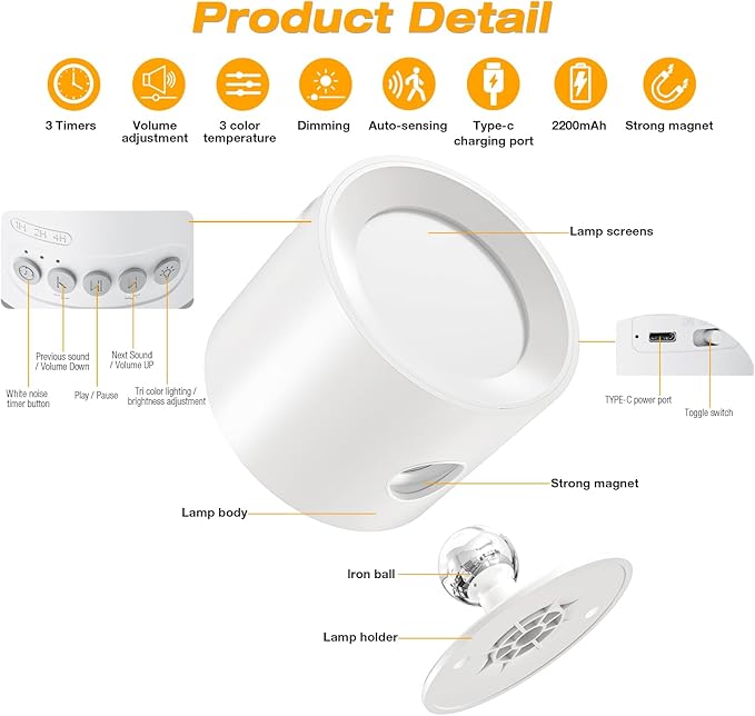Wall Mounted Light White Noise Sound Machine for Noise Canceling- 30 Soothing Sounds, Motion Sensor & Timers, Sleep Baby Soother, Night Light, 2200mAh Rechargeable Wall Sconce Lamp for Bedroom Nursery