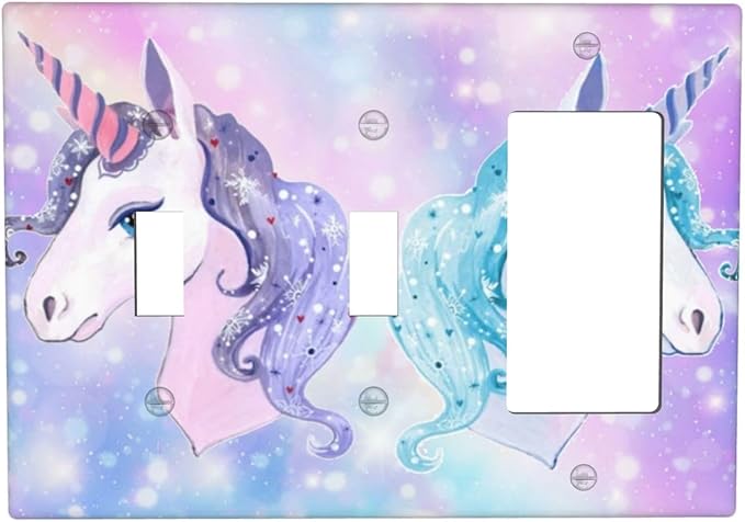 Dreamy Purple/Blue Rainbow Unicorn 3-Gang Combination Double Toggle/Single Decorator Outlet Wall Plate Cute Kid Girls Electric Decorative 2-Toggle 1-Rocker/GFCI Combo Light Switch Cover (Not Glitter)