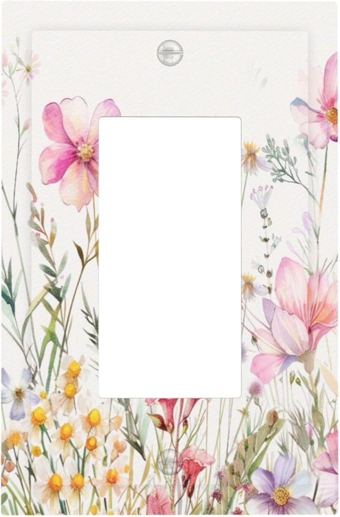 Pink Floral Wild Flowers Watercolor Plants Decorative Outlet Covers 1 Gang Single Rocker Light Switch Cover Plate Wall Plates GFCI Faceplate for Bedroom Living Room Decor