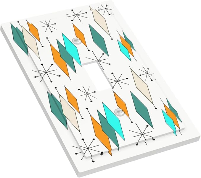 Modern Boho Geometric Atomic Diamond Stars Art Light Switch Cover 1 Gang Abstract Funny 1960S Teal/Green/Aqua/Blue Plaid Pattern Single Device Toggle Decorative Outlet Switch Wallplate Faceplate Cover