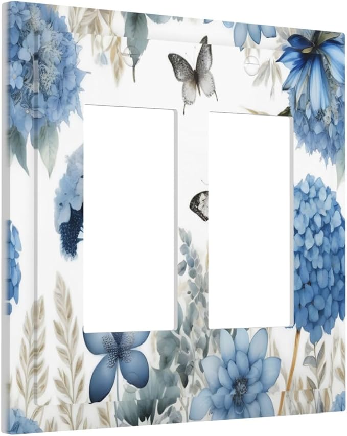 Blue Floral Hydrangea Floral Butterfly Flower Plant Decorative Outlet Covers 2 Gang Double GFCI Rocker Electrical Wall Panels Light Switch Cover Plate for Bedroom Living Room Decor