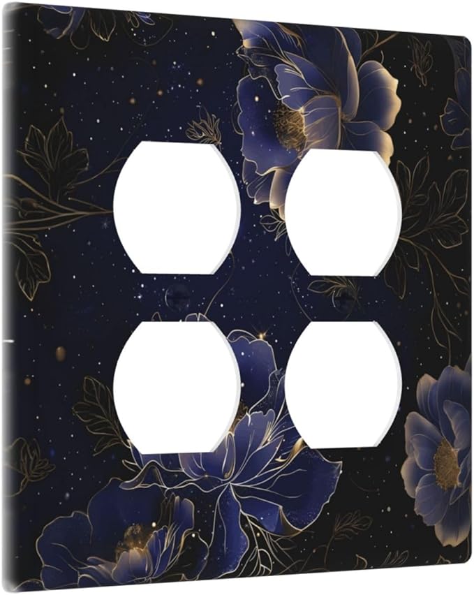 Navy Blue Floral Vintage Flower Dark Watercolor Outlet Covers 2 Gang Double Duplex Decorative Light Switch Covers Electrical Wallplates Socket Faceplate for Bedroom Living Room Decor