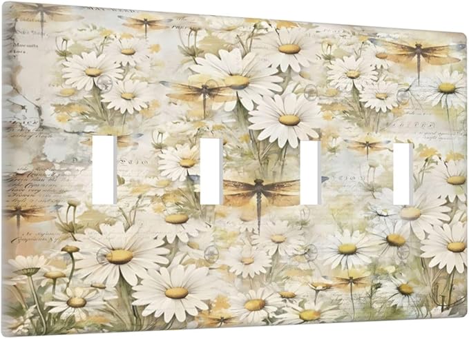 Vintage Letter Paper Wildflowers Dragonfly Daisy Floral Light Switch Covers Quad Toggle Electrical Faceplate 4 Gang Wall Plate Decorative Switch Plates Cover for Farmhouse Bedroom Decor