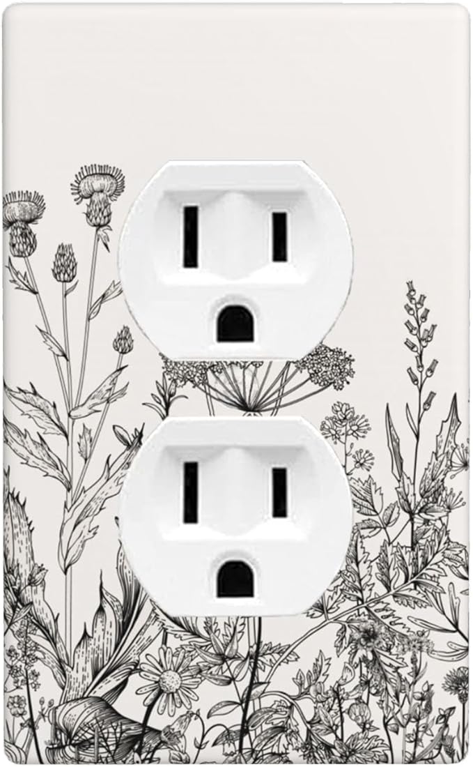 1-Gang Duplex Wall Plate, Gray Vintage Floral Printed Outlet Cover, Neutral Cottage Garden Retro Wildflower Decor for Bedroom Kitchen Living Room & Sunroom