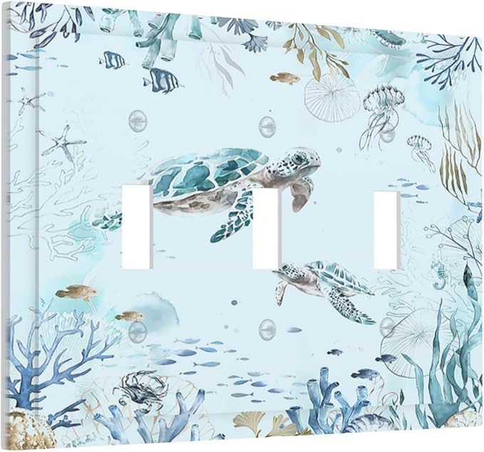 Decorative Switch Plates Teal Blue Ocean Sea Turtle Seabed Plants 3 Gang Wall Plate Faceplate Triple Toggle Light Switch Cover Electrical Wall Panels for Bathroom Kids room Decor