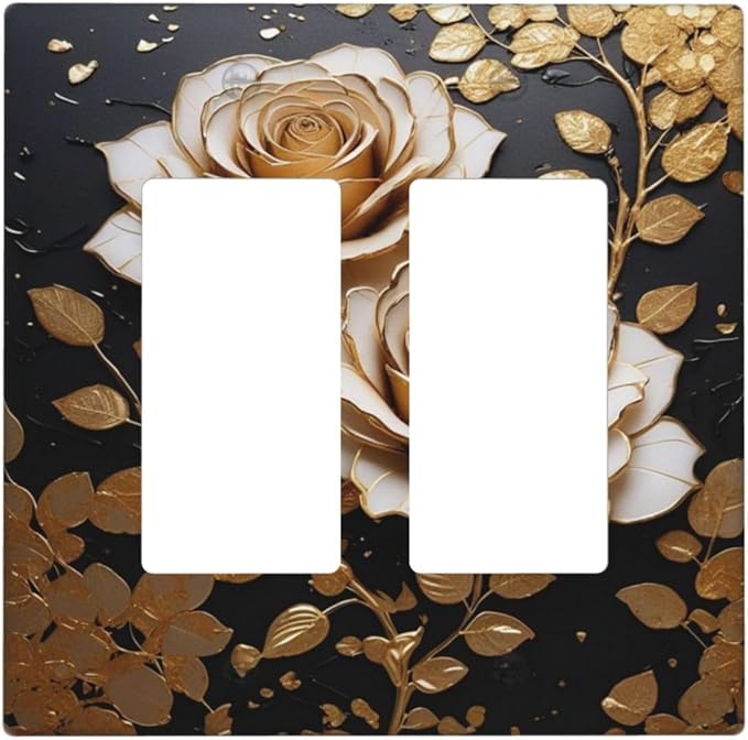 Decorative Outlet Covers Big Golden White Roses Glod Leaves Black Background 2 Gang Wall Plate Double Rocker Switch Light Switch Plate Covers Jumbo Dual Electrical GFCI Switch Cover