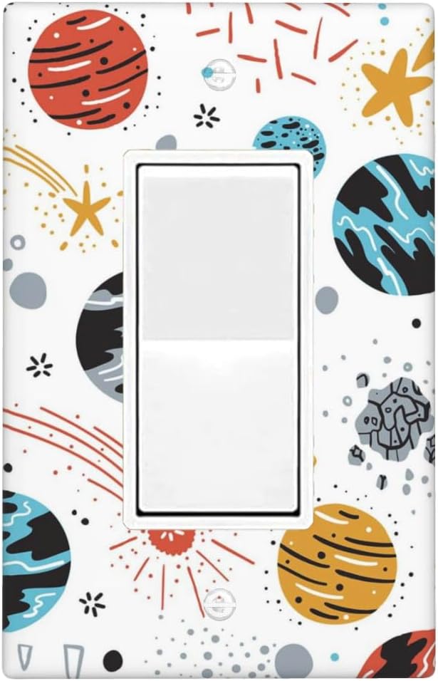 Universe Planets Stars 1-Gang Rocker Wall Plate, Cartoon Outer Space Decorative Single Rocker Switch Plate for Kids Room & Playroom