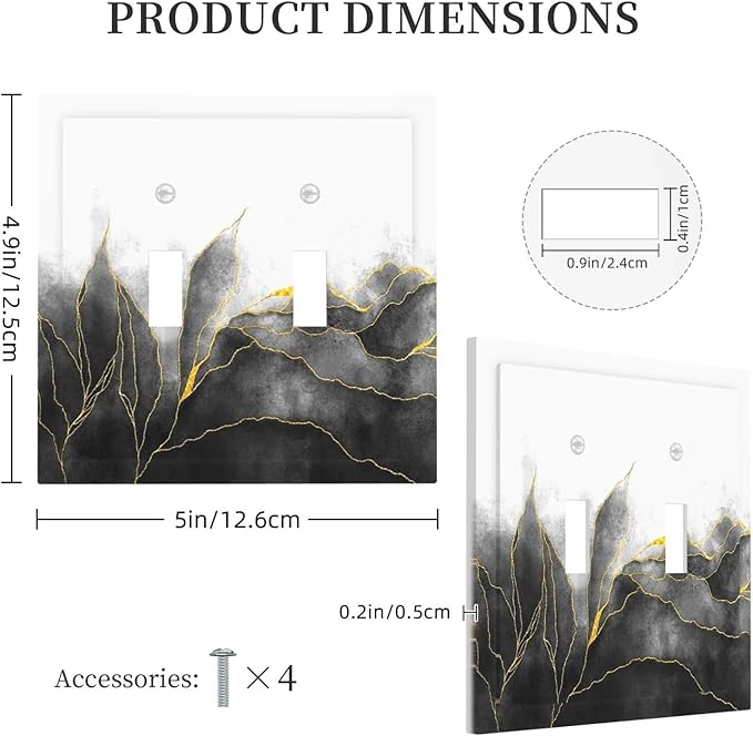 Decorative Switch Plates Black And Gold Marble White Golden Leaves 2 Gang Double Toggle Wall Plate Outlet Light Switch Cover Electrical Faceplate for Bedroom living Room Decor